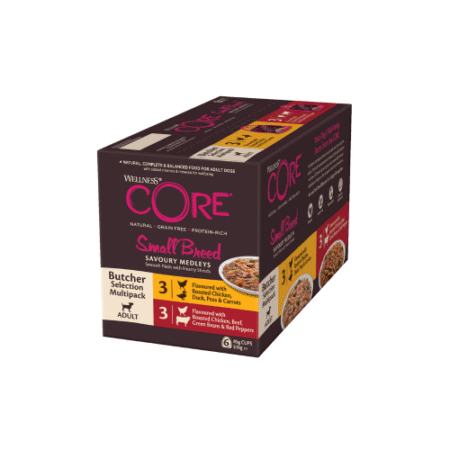 ويلنس كور معلبات متعددة 3×دجاج وبط 3×دجاج ولحم بقر لفصائل الكلاب الصغيرة 6×85غ