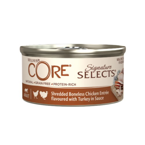 076344106302 طعام رطب للقطط – ويلنس كور سيجنيتشر سليكتس دجاج مبشور وديك رومي 24×79 جم - الصورة 1