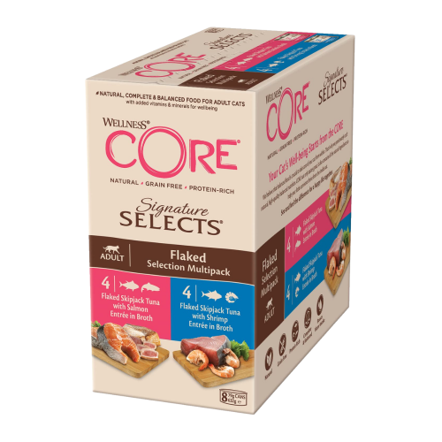 076344106425 ويلنس كور معلبات متعددة تونة وسالمون ×4 تونة وروبيان ×4 بالمرق للقطط 8×79غ - الصورة 1