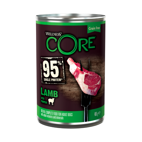 076344108566 طعام رطب للكلاب – ويلنس كور 95٪ بروتين لحم غنم مع يقطين 6×400 جم - الصورة 1