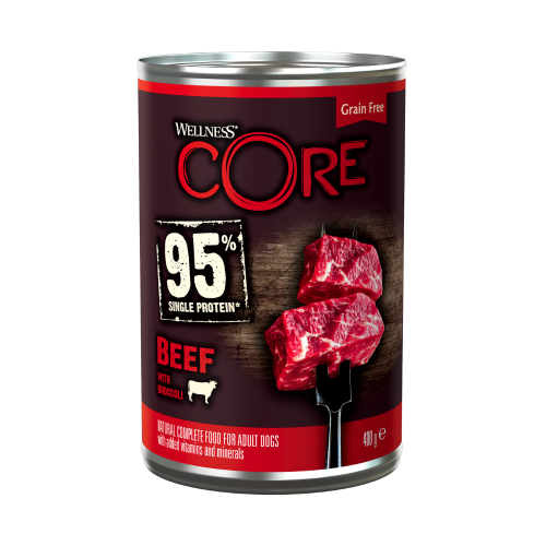 076344108573 طعام رطب للكلاب – ويلنس كور 95٪ بروتين لحم بقر مع بروكلي 6×400 جم - الصورة 1