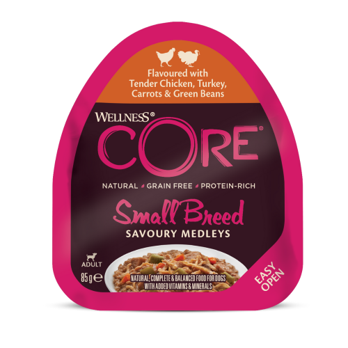 076344114543 ويلنس كور طعام رطب بالدجاج والديك الرومي لفصائل الكلاب الصغيرة 85غ - الصورة 1