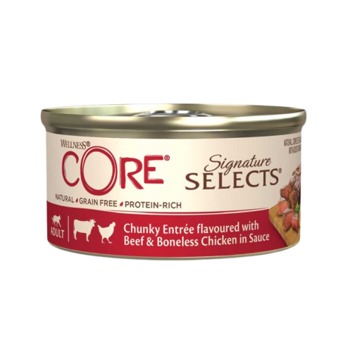 076344116325 طعام رطب للقطط – ويلنس كور سيجنيتشر سليكتس لحم بقري ودجاج مقطع بالصلصة 79 جم - الصورة 1