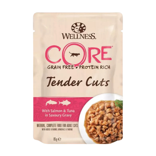 076344116639 طعام رطب للقطط – ويلنس كور تندر كتس تونة وسالمون بالمرق 85 جم - الصورة 1