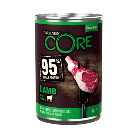 طعام رطب للكلاب – ويلنس كور 95٪ بروتين لحم غنم مع يقطين 400 جم