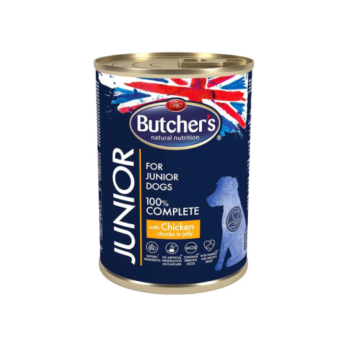 5011792006175 بوتشرز جونيور قطع دجاج في الجيلي للجراء 400غ كرتون (24 حبة) - الصورة 1