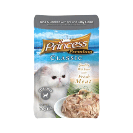 برينسس بريميوم أكياس كلاسيكية بالدجاج و التونة مع الأرز و المحار الصغير 70 غ كرتون (24 حبة)
